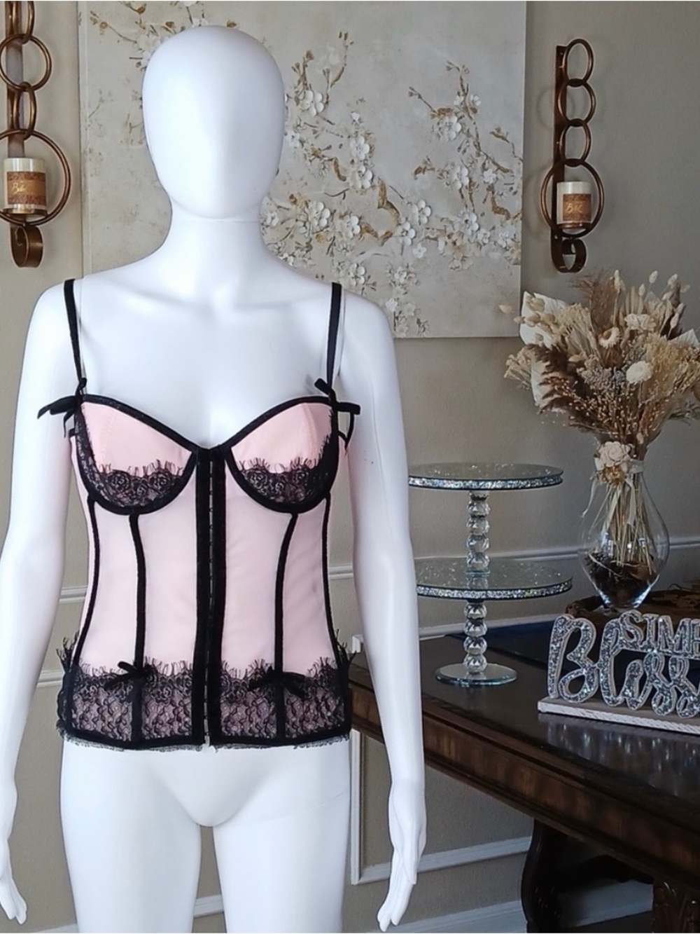 Victoria Secret Women's Pink Lace Bustier Corset with Black Trim